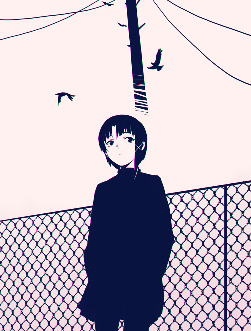 1girl bird chain-link_fence closed_mouth coat commentary cowboy_shot english_commentary fence gradient_background hair_ornament hands_in_pockets highres iwakura_lain looking_to_the_side monochrome serial_experiments_lain short_hair single_sidelock solo tomatoketchup96 transmission_tower white_background x_hair_ornament