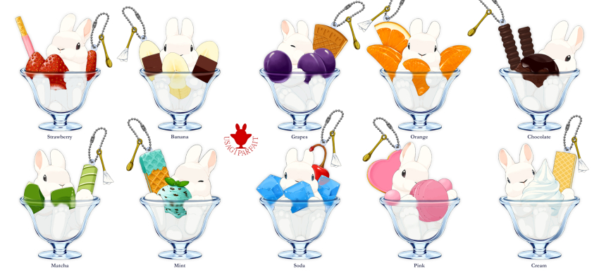animal_focus banana banana_slice candy chocolate chocolate_bar cup food food_focus fruit grapes highres ice ice_cream_cone ice_cube in_food charm_(object) lilac_(p-f_easy) macaron matcha_(food) mint no_humans orange_(fruit) orange_slice original pocky rabbit simple_background strawberry undersized_animal variations wafer_stick white_background