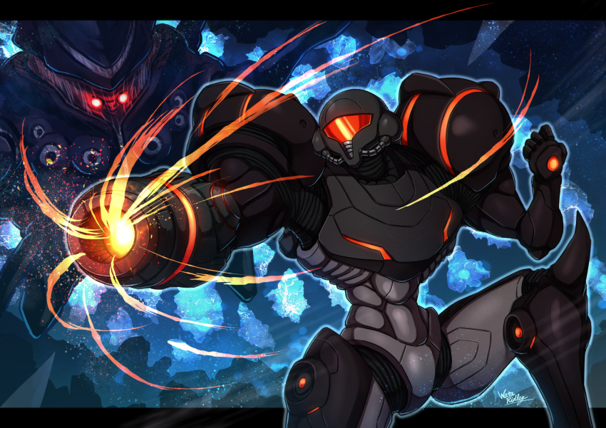 1girl aiming arm_cannon armor assault_visor commentary_request energy full_armor glowing helmet highres knee_spikes metroid metroid_(creature) metroid_prime metroid_prime_(creature) neon_trim nintendo pauldrons phazon phazon_suit power_armor red_visor samus_aran science_fiction shoulder_armor wakaba_(wata_ridley) weapon