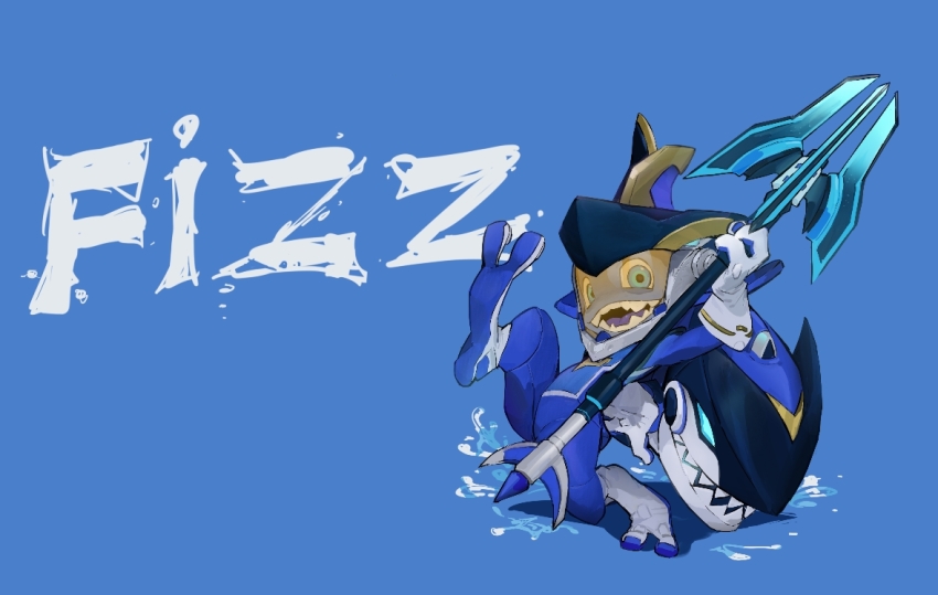 1boy blue_background blue_bodysuit blue_eyes bodysuit character_name fish_boy fizz_(league_of_legends) ghostgrass gloves holding holding_weapon league_of_legends open_mouth polearm shark sharp_teeth solo spear teeth tongue visor weapon white_gloves yordle