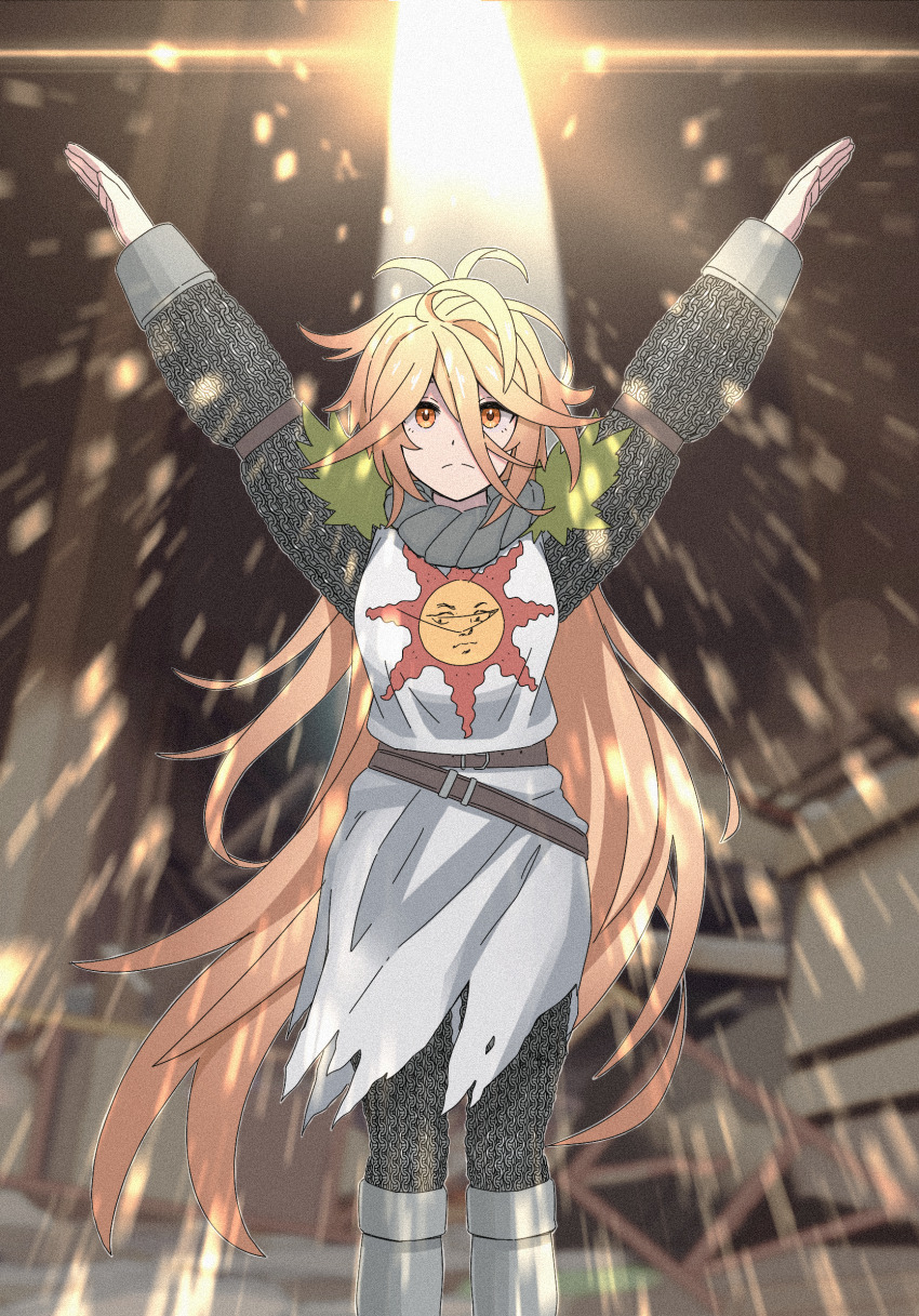1girl ahoge armor arms_up belt blonde_hair capelet chainmail closed_mouth commission cosplay dark_souls_(series) dark_souls_i full_armor fur_capelet girls&#039;_frontline girls&#039;_frontline_neural_cloud greaves highres long_hair looking_at_viewer non-web_source pixiv_commission praise_the_sun sol_(neural_cloud) solaire_of_astora solaire_of_astora_(cosplay) solo sun_symbol tab_(tabkun) tabard yellow_eyes
