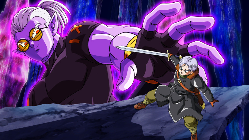2boys artist_request black_gloves black_shirt blue_eyes bowl_cut brown_footwear brown_gloves character_logo coat colored_skin covered_pectorals crystal demon_boy dragon_ball dragon_ball_xenoverse fingerless_gloves fu_(dragon_ball) fur-trimmed_coat fur_trim game_cg glasses gloves hair_pulled_back highres holding holding_sword holding_weapon loading_screen looking_at_another looking_to_the_side male_focus multiple_boys muscular muscular_male official_art official_wallpaper open_hand overcoat parted_hair pectorals pointy_ears ponytail purple_hair purple_skin red_eyes round_eyewear shirt short_hair smirk sword third-party_source tinted_eyewear trunks_(dragon_ball) trunks_(future)_(dragon_ball) trunks_(future)_(xeno)_(dragon_ball) undercut weapon white_hair yellow-tinted_eyewear