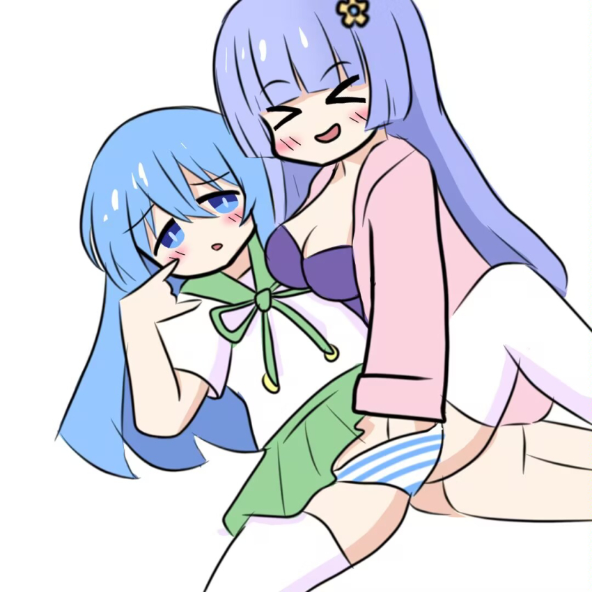 2girls blue_eyes blue_hair date_a_live grey_eyes grey_hair himekawa_yoshino izayoi_miku long_hair masturbation multiple_girls school_uniform skirt yuri