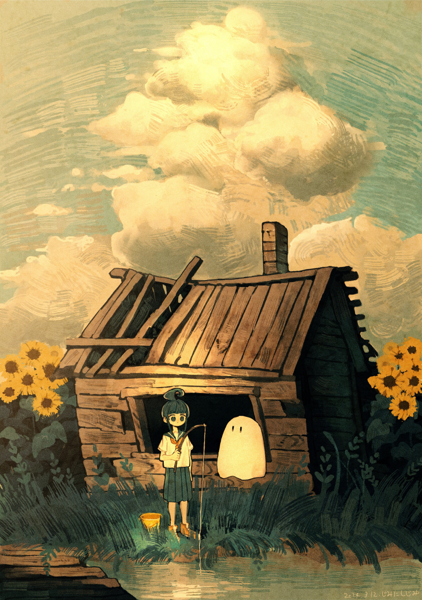1girl absurdres ahoge ahoge_girl_(jimini_shijimi) aqua_eyes aqua_hair aqua_skirt blue_sky bucket building chimney cloud commentary_request day dock fishing fishing_line fishing_rod flower ghost grass highres house jimini_shijimi neckerchief no_pupils orange_neckerchief original outdoors pleated_skirt ruins school_uniform serafuku shirt short_hair short_sleeves sidelocks skirt sky sunflower sunlight white_shirt