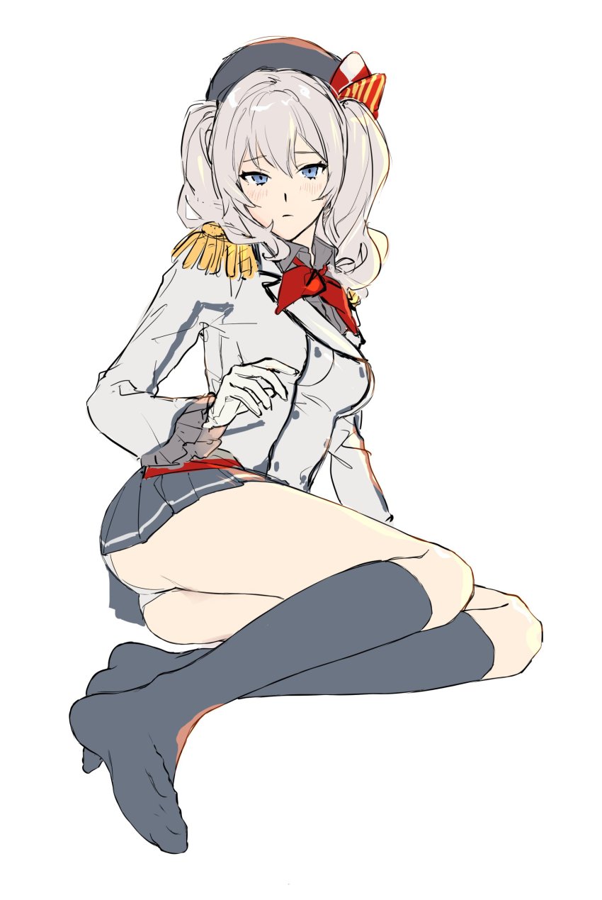 absurdres arm_support beret black_socks blue_eyes blush breasts buttons closed_mouth collared_shirt double-breasted epaulettes frilled_sleeves frills gloves grey_hair grey_shirt hair_between_eyes hair_over_shoulder hat highres jacket kantai_collection kashima_(kancolle) kneehighs long_sleeves looking_at_viewer military military_jacket military_uniform neckerchief no_shoes panties pleated_skirt red_neckerchief sankomichi shirt simple_background sitting skirt socks tsurime twintails underwear wavy_hair white_background white_gloves white_panties yokozuwari z-flag