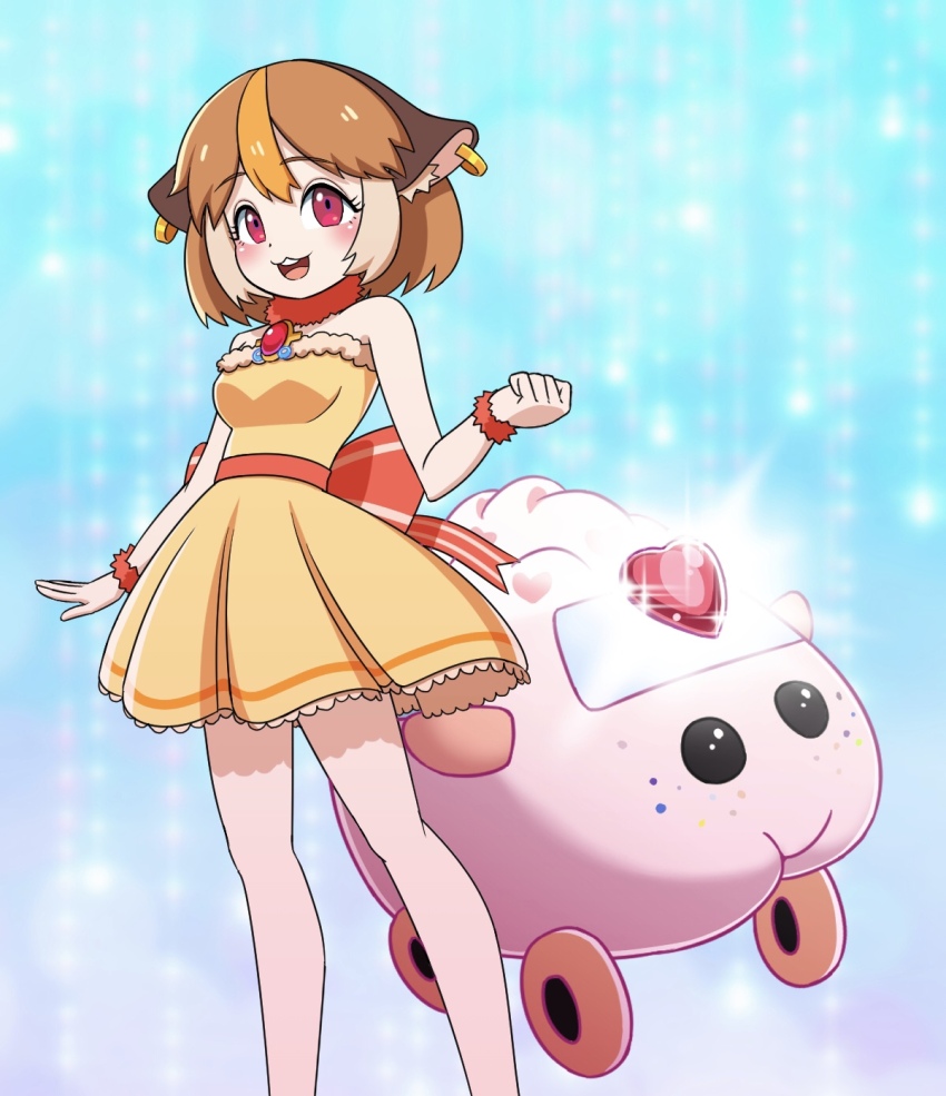 1girl :d animal_ears blonde_hair blue_background blush breasts brooch brown_hair clenched_hand dress ear_piercing feet_out_of_frame fur_choker highres jewelry magical_girl molcar morumi multicolored_hair open_mouth piercing pui_pui_molcar red_eyes short_hair small_breasts smile standing streaked_hair tuxedokuma wristband yellow_dress