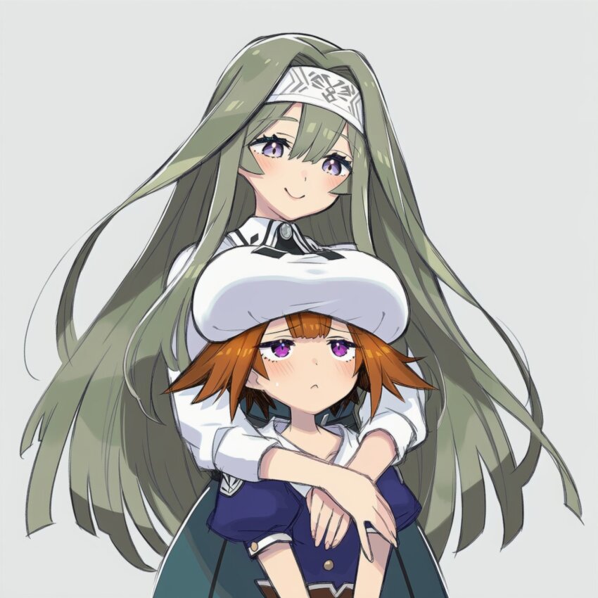 2girls blush breast_rest breasts breasts_on_head brown_hair duel_monster exosister_irene exosister_sophia hairband highres large_breasts long_hair multiple_girls purple_eyes short_hair smile yu-gi-oh!