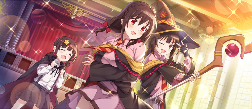 3girls :d ;3 arms_under_breasts auditorium belt belt_buckle black_cloak black_gloves black_hat black_robe black_skirt blush bow braid brown_belt brown_hair buckle chuunibyou clenched_hands cloak closed_eyes collared_dress collared_shirt crown_braid diagonal-striped_clothes diagonal-striped_necktie dress dress_shirt fingerless_gloves furrowed_brow game_cg gloves hair_bow hair_ornament hand_over_eye hand_up hands_up hat highres holding holding_staff hood hooded_cloak indoors komekko kono_subarashii_sekai_ni_shukufuku_wo! konosuba!_fantastic_days long_hair looking_at_viewer low_twintails mage_staff matching_outfits megumin multiple_girls necktie off_shoulder official_alternate_costume official_art one_eye_closed open_mouth orange_necktie outstretched_arm pink_dress pleated_skirt red_bow red_eyes red_necktie red_prison_magic_school_uniform robe school school_uniform shirt short_dress short_hair short_hair_with_long_locks short_twintails side-by-side sidelocks skirt smile staff star_(symbol) star_hair_ornament striped_clothes sunlight suspender_skirt suspenders teardrop twintails two-sided_robe two-tone_necktie v-shaped_eyebrows white_shirt wide_sleeves witch_hat yunyun_(konosuba)