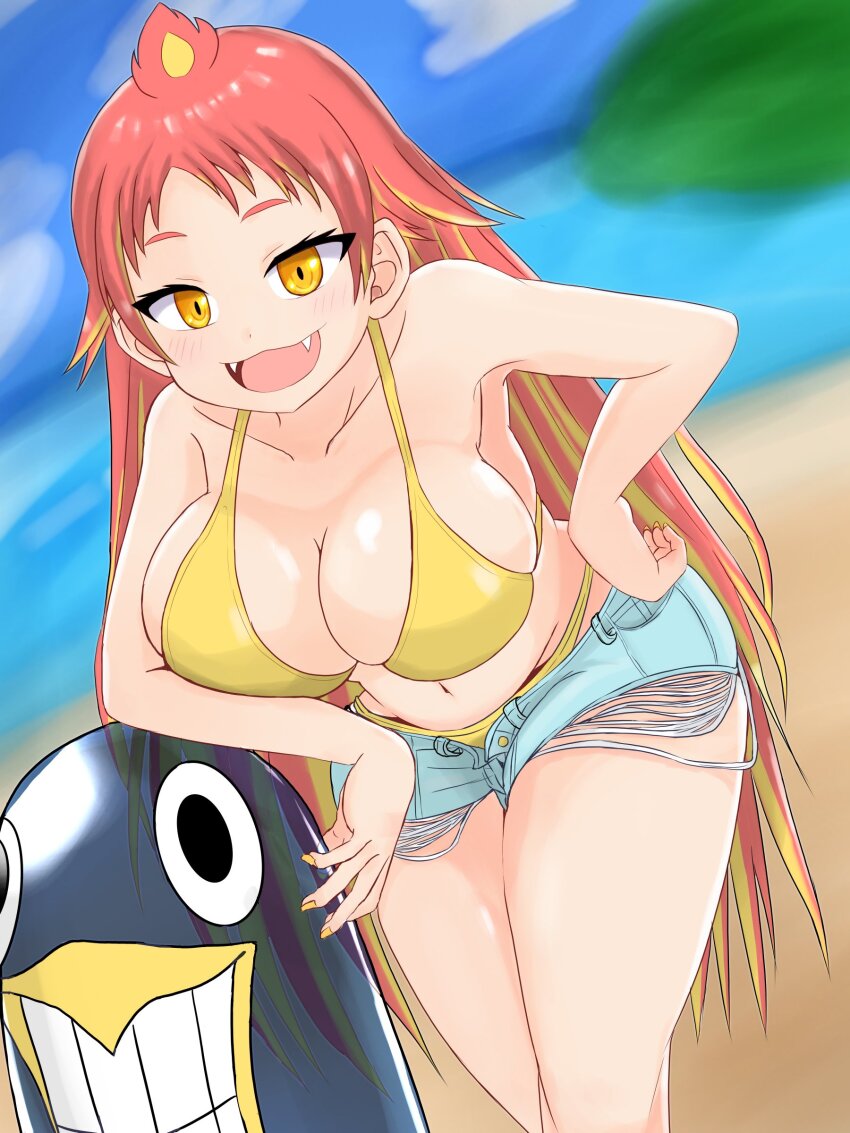 1girl 20s absurdres bare_arms bare_shoulders beach bikini bra breasts cleavage collarbone colored_tips eyelashes gyari_(bird) hand_on_own_hip highres hikasa_tomoshika himukai_ryumaru inflatable_toy large_breasts leaning_on_object looking_at_viewer loose_pants loose_shorts multicolored_hair nail_polish ocean panties raised_eyebrows red_hair short_shorts shorts smile swimsuit two-tone_hair unbuttoned underwear virtual_youtuber voms wide_hips yellow_bra yellow_eyes yellow_nails yellow_panties