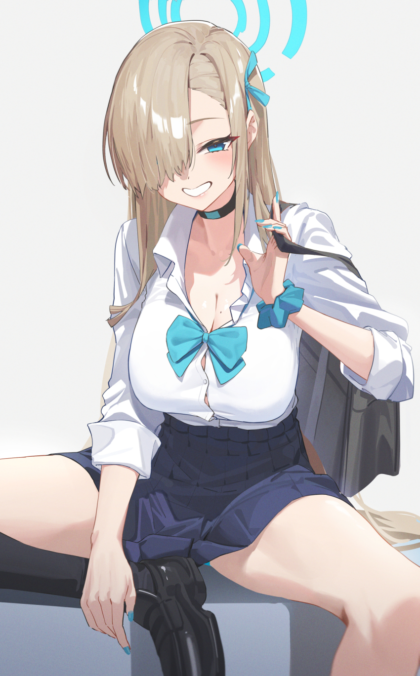 1girl aqua_bow aqua_bowtie aqua_panties aqua_ribbon asuna_(blue_archive) asuna_(school_uniform)_(blue_archive) asymmetrical_bangs bag bare_legs black_footwear black_socks blonde_hair blue_archive blush bow bowtie breasts button_gap cleavage collarbone commentary fingernails gyaru hair_over_one_eye hair_ribbon halo highres holding holding_bag kneehighs kogal large_breasts long_hair looking_at_viewer loose_bowtie mole mole_on_breast nail_polish official_alternate_costume one_eye_covered panties panty_peek reulem ribbon school_bag school_uniform scrunchie sitting smile socks solo underwear wrist_scrunchie