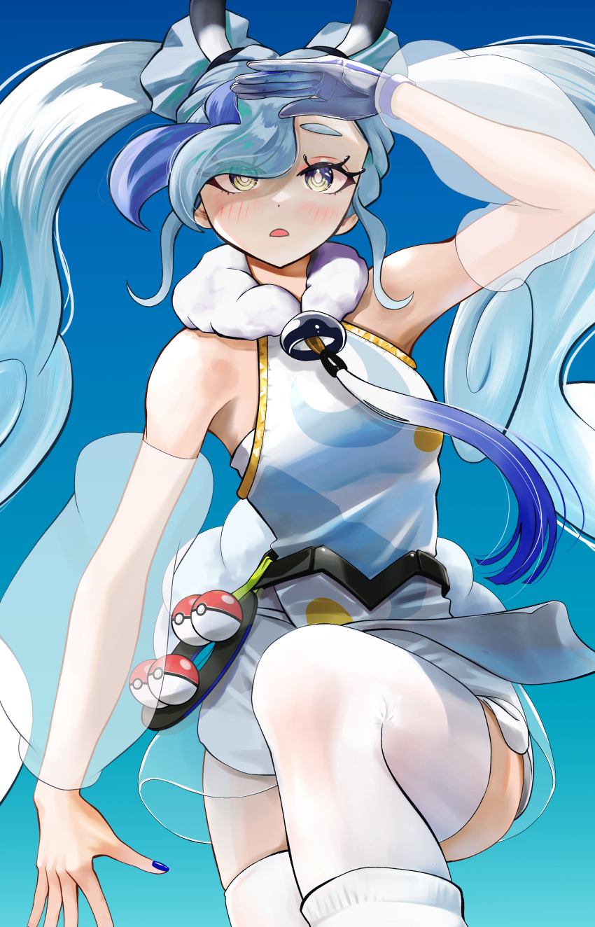 1girl absurdres aqua_hair arm_up blue_gloves blue_nails blush breasts collarbone flying_miku_(project_voltage) gloves hatsune_miku highres hxk4_n long_hair looking_at_viewer medium_breasts nintendo official_alternate_costume official_alternate_hairstyle open_mouth poke_ball pokemon project_voltage shirt skirt sleeveless sleeveless_shirt solo thighhighs twintails very_long_hair vocaloid white_shirt white_skirt white_thighhighs yellow_eyes