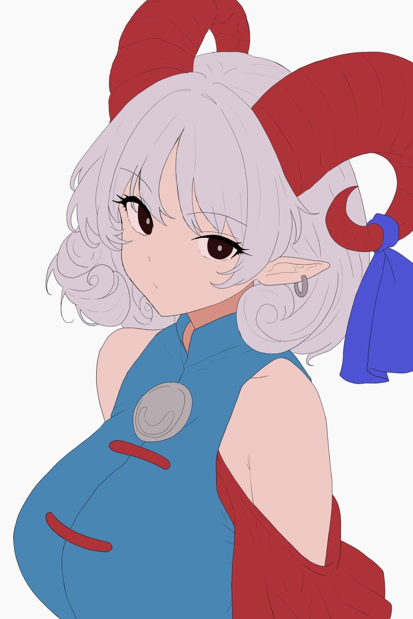 1girl absurdres alternate_breast_size bare_shoulders blue_ribbon breasts brown_eyes curly_hair earrings goat_horns grey_hair highres horn_ornament horn_ribbon horns jewelry large_breasts looking_at_viewer moriforest1040 pointy_ears red_horns ribbon single_earring touhou toutetsu_yuuma upper_body