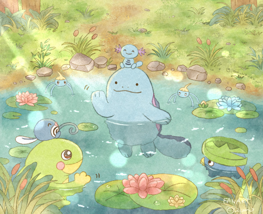 ^_^ artist_name blue_flower cattail closed_eyes closed_mouth commentary_request day flower game_freak gen_1_pokemon gen_2_pokemon gen_3_pokemon grass hand_up highres light_rays lily_pad looking_at_another lotad mian_(user_kwcj2833) nintendo no_humans on_head outdoors partially_submerged pink_flower plant pokemon pokemon_(creature) pokemon_on_head politoed poliwag pond quagsire rock signature smile solid_circle_eyes surskit tree twitter_username water water_lily_flower wooper yellow_flower