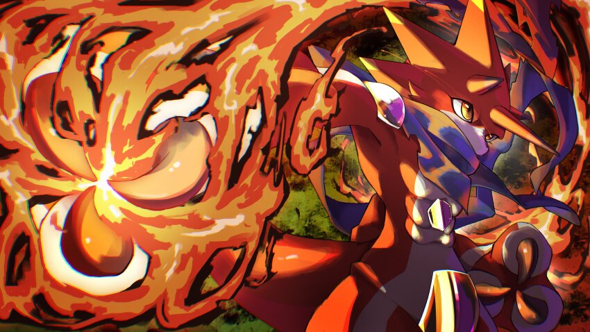 absurdres betelgammamon blue_scarf cowboy_shot crotch_plate digimon digimon_(creature) fewer_digits fire highres horns red_scales scarf solo tartarte_tatin