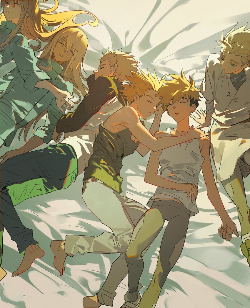 6+boys aqua_jacket bed_sheet black_shirt blonde_hair brothers citronplanet closed_eyes coat collared_jacket green_pants green_shirt highres jacket long_hair looking_at_another lying multiple_boys multiple_persona on_back on_side pants shirt siblings sitting sleeping spiked_hair swept_bangs t-shirt trigun trigun_maximum trigun_stampede turtleneck twins undercut white_coat white_pants white_shirt