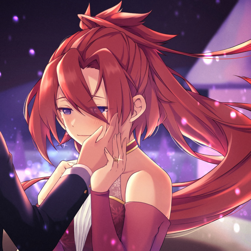 1boy 1girl altheavin blush christmas detached_sleeves dress hair_between_eyes hetero highres jewelry labyrista_(princess_connect!) long_hair no_eyewear ornate_ring ponytail pov pov_hands princess_connect! purple_eyes red_dress red_hair ring snow very_long_hair wedding_ring yuuki_(princess_connect!)