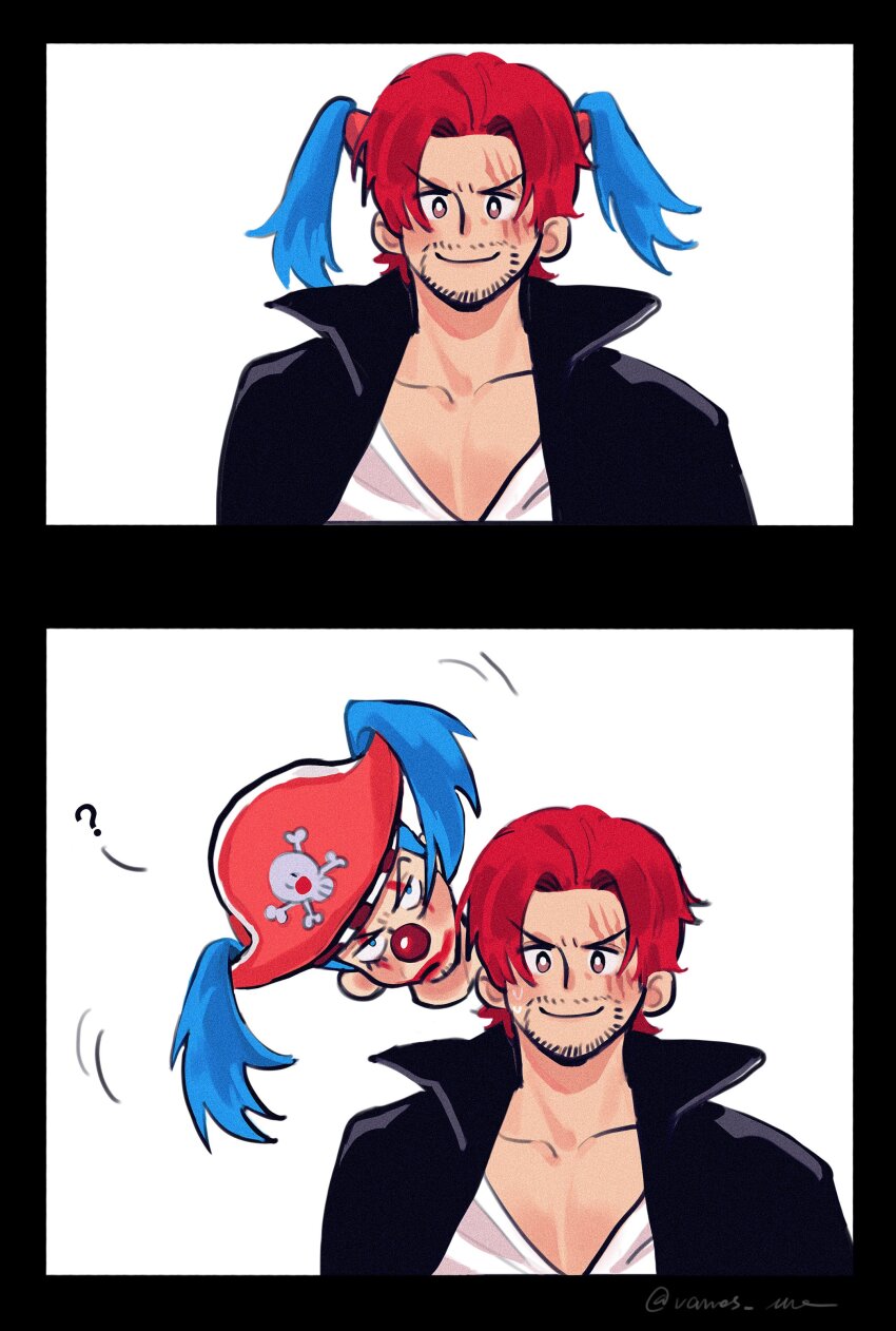 2boys absurdres blue_hair buggy_the_clown clown_nose deformed disembodied_head facial_hair fake_hair goatee_stubble highres looking_at_viewer looking_to_the_side male_focus motion_lines multiple_boys mustache_stubble one_piece one_piece_(live_action) pectoral_cleavage pectorals red_nose shanks_(one_piece) short_hair smile stubble twintails upper_body v-shaped_eyebrows vamos_mk