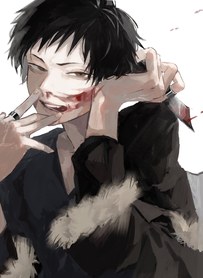 1boy arms_up black_hair black_jacket black_shirt blood blood_on_face blood_on_hands durarara!! fingernails fur-trimmed_sleeves fur_trim highres holding holding_knife holding_weapon jacket jacket_partially_removed jewelry knife long_sleeves looking_to_the_side male_focus namaemendoiyo nosebleed open_mouth orihara_izaya ring shirt short_hair sideways_glance solo teeth upper_body weapon white_background white_fur wiping_face