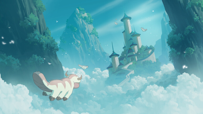 absurdres air_temple_(avatar) animal appa avatar:_the_last_airbender avatar_legends bird blue_sky building bush castle cloud cloudy_sky day fantasy flying foliage full_body highres horns jellie_beam landscape mountain nature no_humans outdoors scenery sky wide_shot