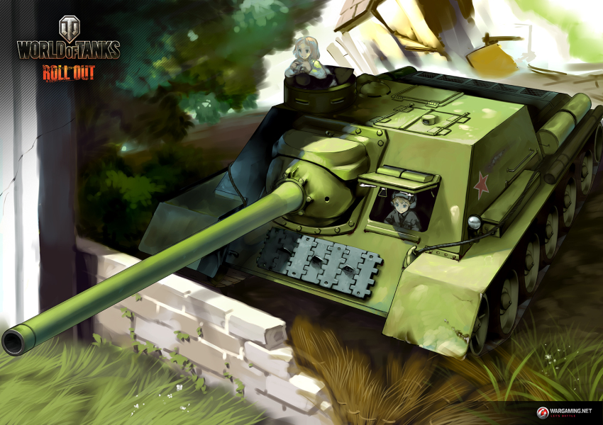 2girls artist_request assault_gun brick brick_wall grass highres military military_vehicle motor_vehicle multiple_girls official_art su-100 tank tank_destroyer tree turretless_tank wargaming_japan world_of_tanks