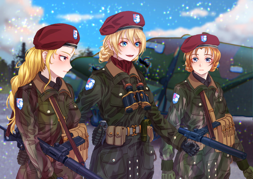 3girls alternate_costume assam_(girls_und_panzer) belt beret binoculars black_gloves blonde_hair blue_eyes blue_sky blurry blurry_background braid closed_mouth cloud cloudy_sky coat commentary darjeeling_(girls_und_panzer) day depth_of_field emblem explosive flashlight frown girls_und_panzer gloves green_coat green_gloves grenade hat highres light_frown long_hair looking_at_viewer looking_to_the_side military military_hat military_uniform multiple_girls open_mouth orange_hair orange_pekoe_(girls_und_panzer) outdoors parted_bangs red_hat red_scarf scarf short_hair sky smile solo st._gloriana&#039;s_(emblem) standing sten_gun tigern_(tigern28502735) twin_braids utility_belt world_war_ii