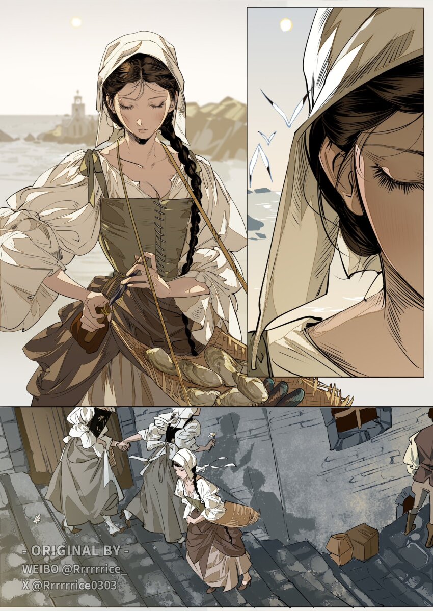 1girl artist_name basket braid brown_hair brown_skirt closed_eyes collarbone headscarf highres horizon long_hair low-braided_long_hair low-tied_long_hair ocean original outdoors oyster rrr_(reason) simple_bird single_braid skirt solo_focus stairs walking watermark weibo_username
