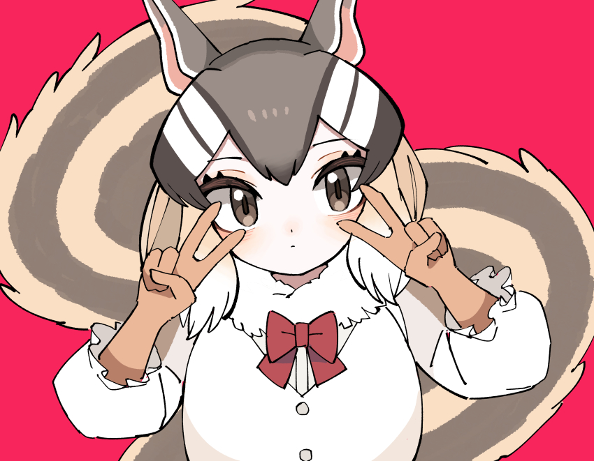 1girl absurdres animal_ears bow bowtie brown_eyes brown_hair chipmunk_ears chipmunk_girl chipmunk_tail extra_ears gloves highres kanmoku-san kemono_friends looking_at_viewer multicolored_hair red_background shirt short_hair siberian_chipmunk_(kemono_friends) simple_background solo tail two-tone_hair upper_body v white_hair