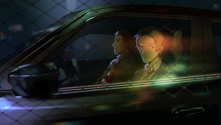 2boys adachi_tooru beard_stubble black_hair blurry bokeh car car_interior car_seat chain-link_fence depth_of_field doujima_ryoutarou expressionless facial_hair fence from_side grey_shirt highres lens_flare light_rays looking_back morrisuit motor_vehicle multiple_boys necktie persona persona_4 red_necktie shirt short_hair stubble white_shirt