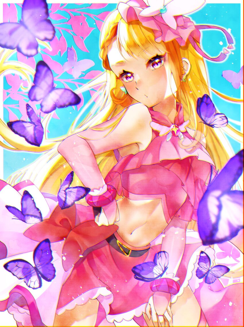 1girl airi_(curereika) belt_bow blonde_hair blue_background bow bow_skirt braid braided_bangs brooch bug butterfly butterfly_brooch butterfly_earrings butterfly_hat butterfly_hat_ornament commentary cure_butterfly earrings elbow_gloves gloves hat hat_ornament highres hijiri_ageha hirogaru_sky!_precure insect jewelry long_hair looking_at_viewer magical_girl midriff multicolored_hair navel overskirt pantyhose pink_hat pink_skirt precure purple_eyes purple_pantyhose single_leg_pantyhose skirt smile solo very_long_hair wing_brooch