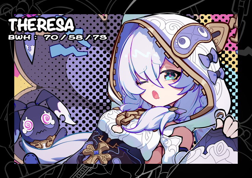 1girl ;o absurdres animal_hood arms_up bags_under_eyes bare_shoulders black_border blue_eyes border bow breasts cat_hood chain chain_around_neck character_name cross detached_sleeves doll drooling fang grey_hair hair_between_eyes highres honkai_(series) honkai_impact_3rd hood hood_up long_hair long_sleeves looking_at_viewer one_eye_closed open_mouth outside_border pink_pupils purple_bow small_breasts solo theresa_apocalypse theresa_apocalypse_(schicksal&#039;s_imperative) three_sizes upper_body white_hood white_sleeves yikco