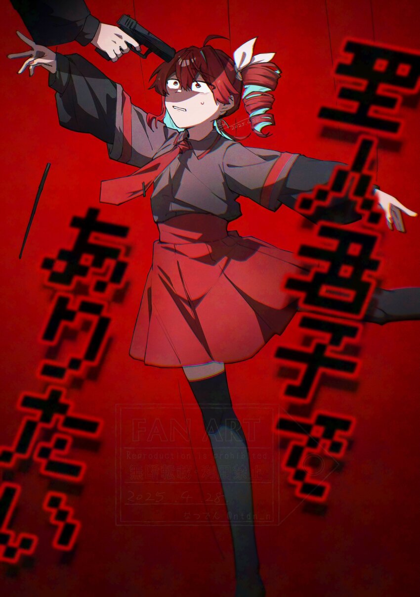 1girl 1other ahoge aiming alternate_costume black_sleeves black_thighhighs bow clenched_teeth fingernails gun hair_between_eyes hair_bow highres holding holding_gun holding_weapon kasane_teto kasane_teto_(sv) leg_up marionette natsuden necktie puppet red_background red_eyes red_nails red_necktie red_skirt scared simple_background skirt standing standing_on_one_leg sweatdrop synthesizer_v teeth thighhighs utau weapon white_bow
