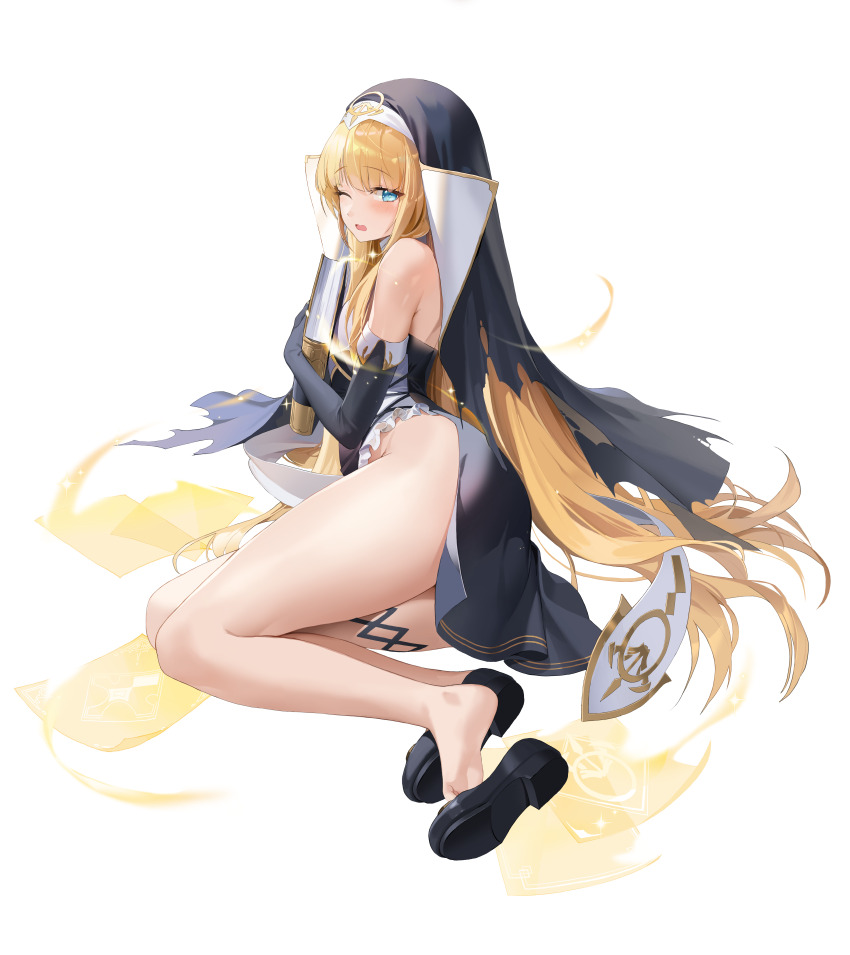 1girl absurdres ass bare_legs bare_shoulders black_dress black_gloves black_shoes black_veil blonde_hair blue_eyes book cardinal_armand choyeon dress elbow_gloves feet frilled_dress frills from_behind full_body gloves gold_trim habit highres holding holding_book last_origin legs long_hair looking_at_viewer looking_back nun official_art one_eye_closed open_mouth paper pelvic_curtain shoe_dangle shoes simple_background sitting sleeveless sleeveless_dress soles solo thigh_strap thighs toes torn_clothes torn_veil veil very_long_hair white_background yokozuwari