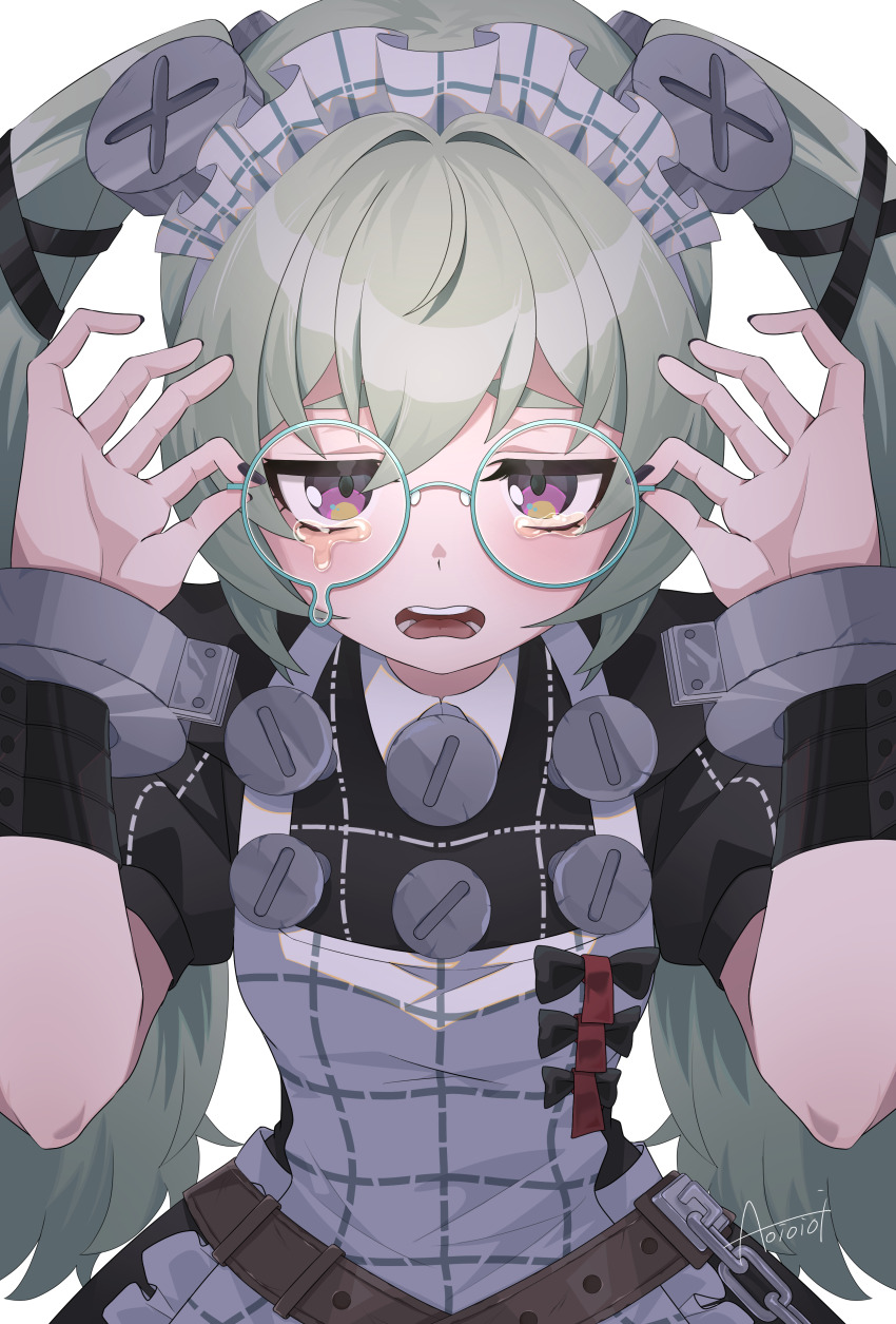 1girl absurdres adjusting_eyewear apron black_dress black_nails corin_wickes dress glasses green_hair hair_between_eyes highres looking_at_viewer maid maid_apron maid_headdress nail_polish open_mouth puffy_short_sleeves puffy_sleeves purple_eyes screw screw_hair_ornament short_sleeves solo tears twintails wata_aoioioi white_apron white_background zenless_zone_zero
