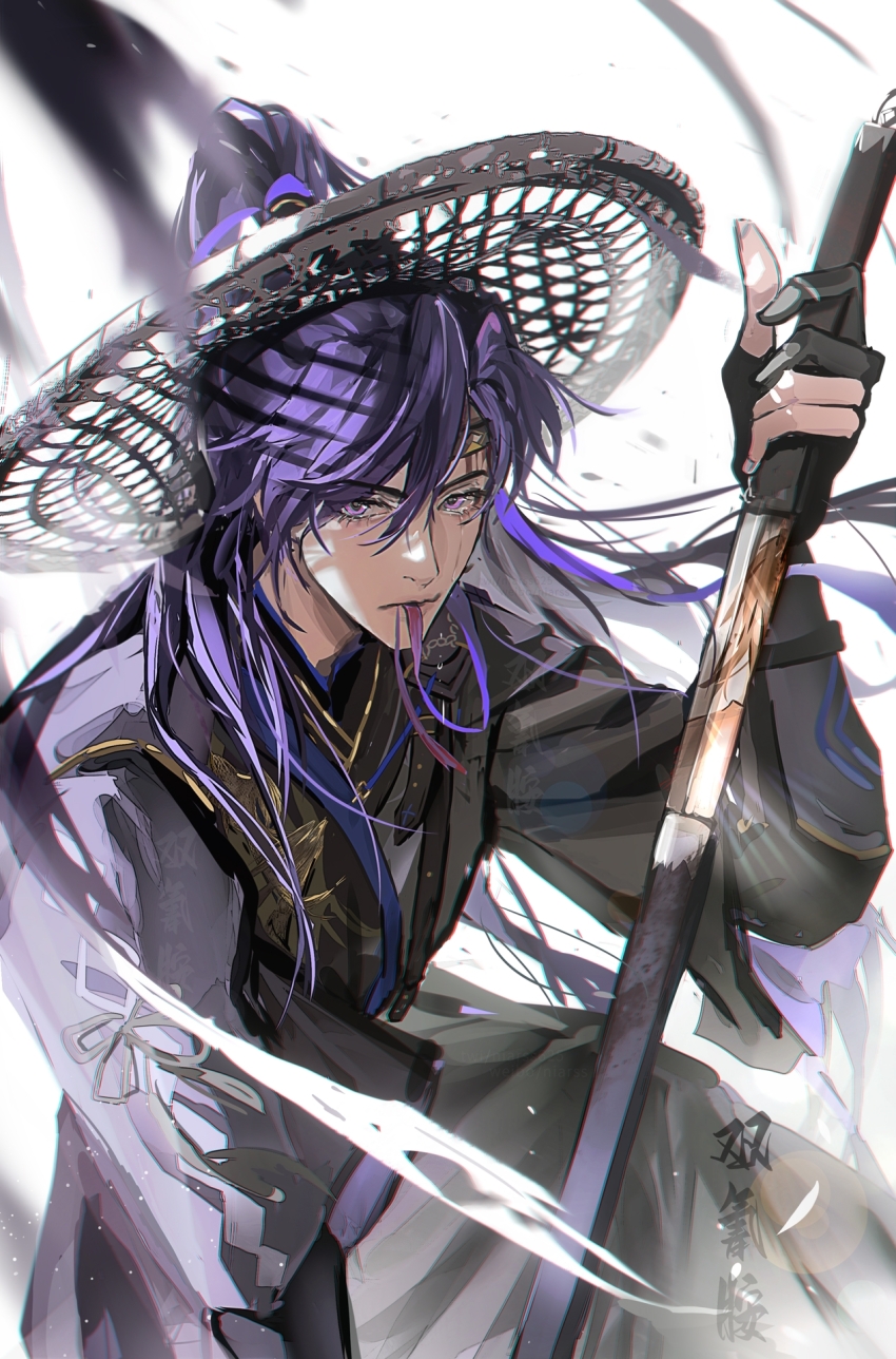 1boy arm_guards black_gloves black_headband black_robe black_shirt bleeding blood blood_on_face blurry blurry_foreground chinese_clothes chinese_text closed_mouth code:_kite crying crying_with_eyes_open drawing_sword feet_out_of_frame fu_rong_(code:_kite) gloves guanglingwang hair_in_own_mouth hanfu hat headband high_ponytail highres holding holding_sword holding_weapon long_hair long_sleeves looking_at_viewer male_focus mouth_hold niarss on_one_knee partially_fingerless_gloves ponytail purple_eyes purple_hair reflection reflective_weapon robe shirt single_tear solo straw_hat swept_bangs sword tears weapon white_background zhijupao