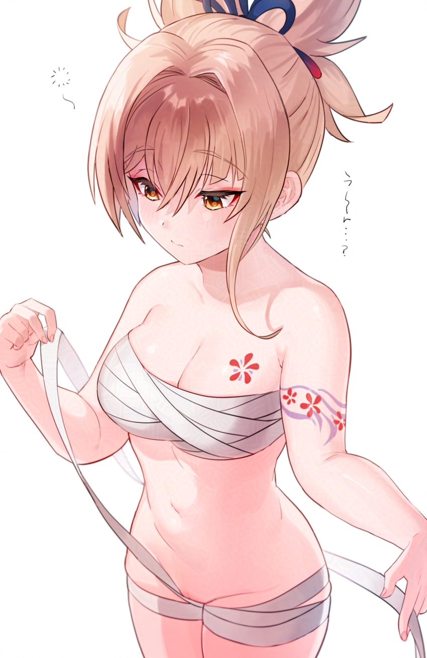 1girl arm_tattoo bandaged_chest blonde_hair breasts chest_tattoo closed_mouth don9ri genshin_impact hair_between_eyes highres long_hair medium_breasts navel ponytail pussy pussy_peek sarashi solo stomach tattoo white_background yellow_eyes yoimiya_(genshin_impact)