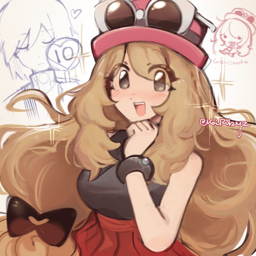 1boy 1girl blonde_hair bow calem_(pokemon) croissant eyelashes eyewear_on_headwear food hair_bow highres jacket kairubyz mega_ring nintendo open_mouth pokemon pokemon_xy red_skirt serena_(pokemon) shirt skirt sleeveless sleeveless_duster sleeveless_shirt sunglasses turtleneck turtleneck_jacket white-framed_eyewear