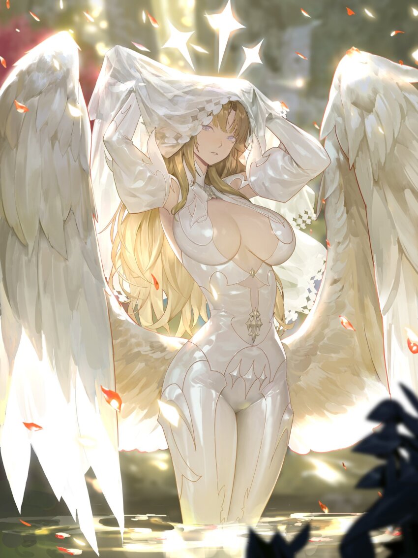1girl angel_wings armpits arms_up blonde_hair blurry blurry_background bodysuit breasts cleavage cleavage_cutout clothing_cutout commentary detached_sleeves english_commentary falling_petals feathered_wings grey_eyes highres jung_wonjo large_breasts long_hair looking_at_viewer low_wings original partially_submerged petals standing veil water white_bodysuit wings