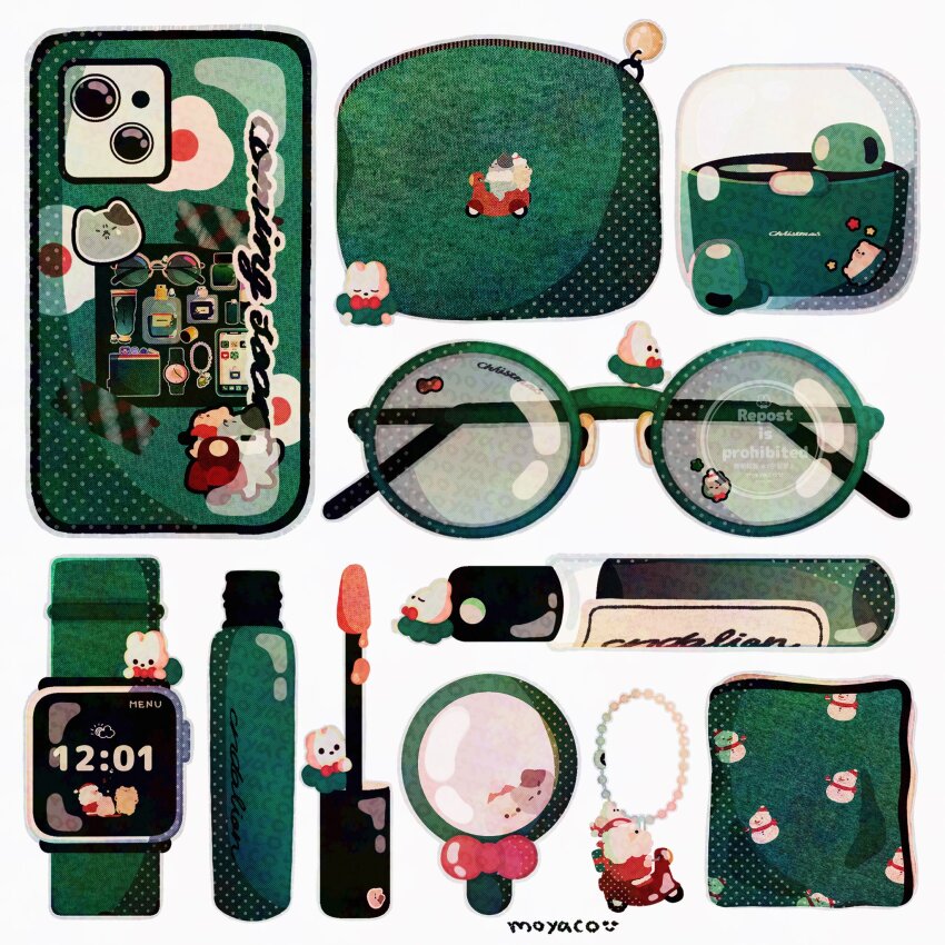 airpods artist_name bottle cellphone cellphone_charm charm_(object) christmas commentary cosmetics creature earbuds earbuds_charging_case earphones green_theme hand_mirror highres lipgloss_tube mirror motor_vehicle moyaco no_humans original ornate_phone_case phone pouch santa_claus scooter signature simple_background smartphone solid_circle_eyes solid_eyes sunglasses watch white_background wireless_earphones wristwatch
