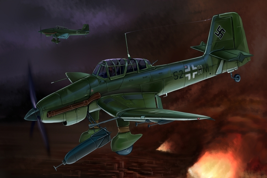 1boy aerial_bomb aircraft airplane balkenkreuz battle_of_stalingrad bomb bomber cityscape commentary cross explosive fire ju_87 kcme luftwaffe military military_vehicle original outdoors pilot propeller propeller_fighter smoke solo swastika vehicle_focus world_war_ii