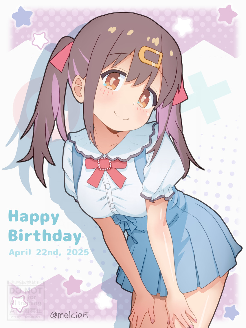 1girl absurdres artist_name bare_legs black_hair blue_skirt blush bow bowtie breasts brown_eyes casual collarbone collared_shirt commentary cowboy_shot dated double-parted_bangs hair_ornament hair_ribbon hairclip hairpin hands_on_own_thighs happy_birthday head_tilt high-waist_skirt highres leaning_forward long_hair looking_at_viewer medium_breasts melciort miniskirt multicolored_hair neck_ribbon onii-chan_wa_oshimai! orange_eyes oyama_mihari pink_nails pleated_skirt puffy_short_sleeves puffy_sleeves purple_hair red_bow red_bowtie red_ribbon ribbon shirt short_sleeves sidelocks simple_background skirt solo standing star_(symbol) streaked_hair suspender_skirt suspenders twintails twitter_username two-tone_hair watermark white_shirt
