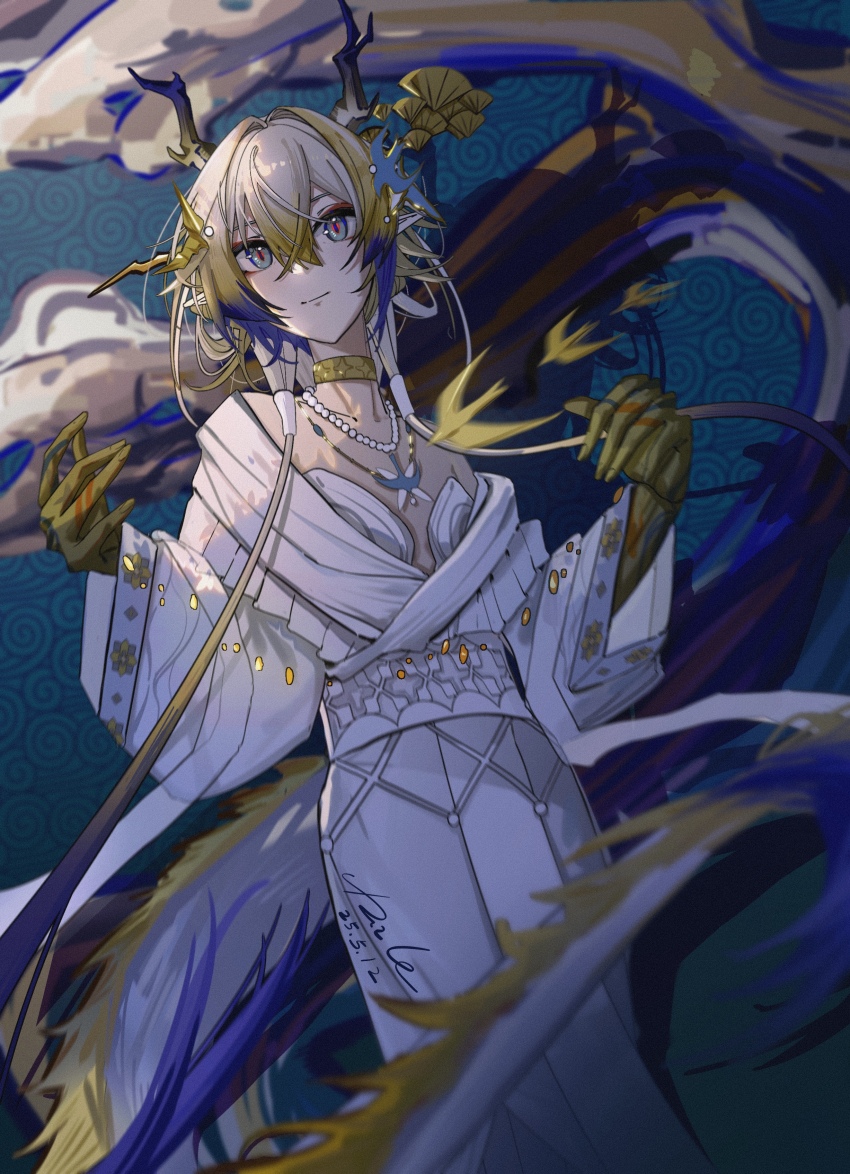 1girl absurdres arknights bird_hair_ornament blonde_hair breasts brooch choker closed_mouth collarbone dragon_girl dragon_horns dragon_tail dress eastern_dragon_horns eastern_dragon_tail hair_between_eyes hair_intakes hair_ornament highres horns jewelry long_hair long_sleeves pale39 pointy_ears shu_(arknights) shu_(bingwenyuyou)_(arknights) signature small_breasts smile solo tail white_dress wide_sleeves yellow_choker
