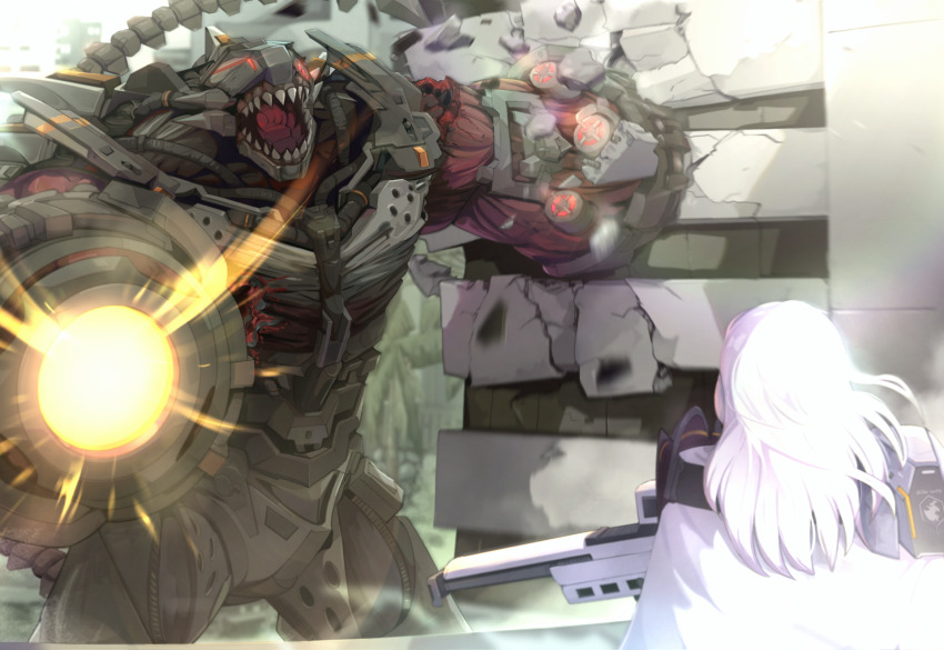 1girl 1other armor chatterbox_(nikke) cloak energy_cannon fighting firing goddess_of_victory:_nikke gun highres holding holding_weapon long_hair mechanical_tail non-humanoid_robot rapture_(nikke) rifle robot sharp_teeth shoulder_armor sniper_rifle snow_white_(nikke) tail teeth v-_(vuoru) weapon white_cloak white_hair