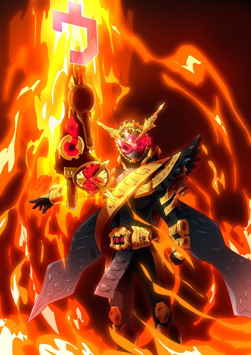 1boy 2018 apocalypse armor black_armor black_boots black_gloves boots clenched_hand clock clock_hands commission cowboy_shot explosion finishing_move fire floating floating_object floating_weapon full_body gloves glowing glowing_eyes gold_armor gold_trim highres kamen_rider kamen_rider_zi-o_(series) katakana levitation long_coat male_focus otokamu ouma_zi-o powering_up red_eyes rider_belt rider_watch skeb_commission tokusatsu vest waistcoat zikan_girade