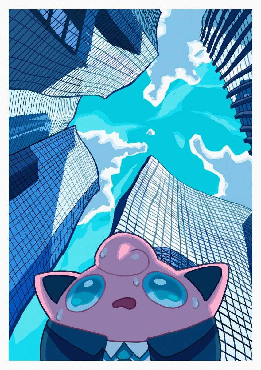 absurdres blue_eyes blue_sky building cloud cloudy_sky formal_clothes from_below gen_1_pokemon heat_haze highres jigglypuff necktie nintendo no_humans perspective pokemon pokemon_(creature) saiku_(zvlku) sky suit sweat