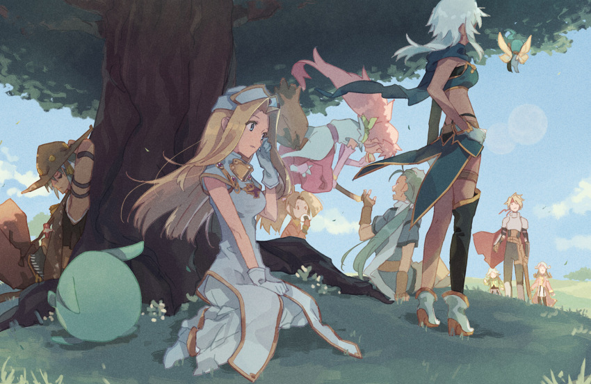 1other 4boys 5girls against_tree arche_klein armor blonde_hair blue_eyes blue_hair blue_sky bracelet broom brown_hair cape chester_burklight claus_f._lester cress_albane dark-skinned_female dark_skin dio_(tales) dress earrings eating elbow_gloves etos_(tales) fairy field food food_theft fujibayashi_suzu gloves grey_hair hair_intakes hand_on_lap hand_on_own_hip hat headband highres jewelry kururu_(tales) long_hair looking_afar mel_(tales) mint_adenade multiple_boys multiple_girls ninja nurse_cap on_grass on_ground onigiri outdoors pants pantyhose pink_hair pink_pants ponytail purple_hair red_cape rondoline_e_effenberg sandwich scarf short_hair shorts sky sleeping tales_of_(series) tales_of_phantasia tales_of_phantasia:_narikiri_dungeon tales_of_phantasia:_narikiri_dungeon_x tattoo tree tree_shade urabe_(mstchan) white_gloves white_hair wide_ponytail
