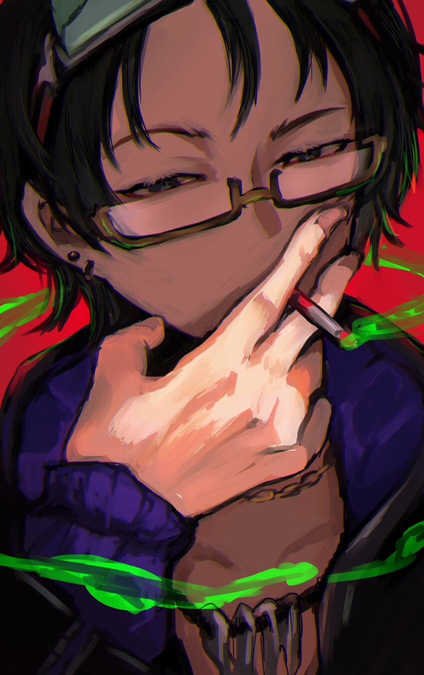 1boy cigarette glasses gnosia goggles green_hair highres holding holding_cigarette jacket jewelry koyuuuuuuuuuuu long_sleeves looking_at_viewer male_focus necklace red_background sha-ming shirt short_hair simple_background smile upper_body