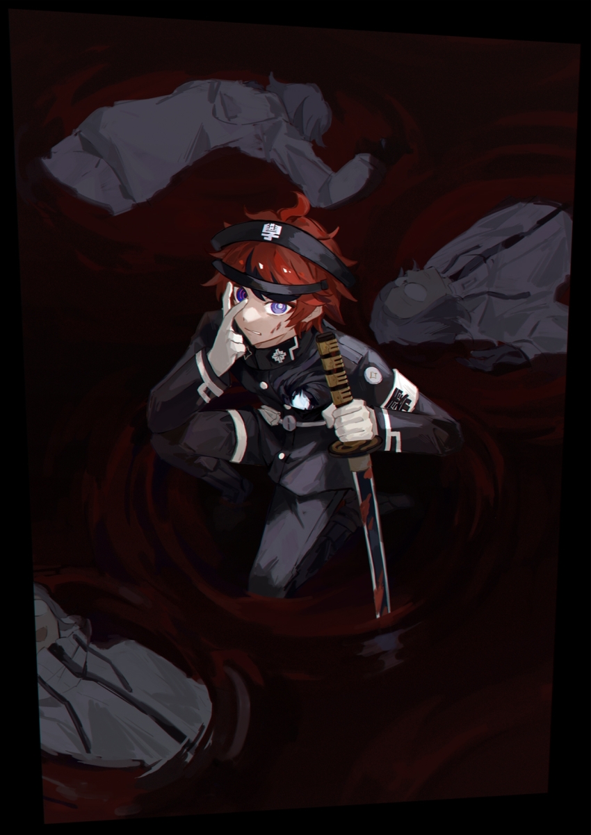 4boys ahoge aotsuki_eito asako_(pixiv_5702576) black_gloves black_hairband black_jacket black_pants blood blood_on_face blue_eyes border bright_pupils commentary corpse flipped_hair glasses gloves grey_hair grimace hairband highres holding holding_sword holding_weapon jacket last_defense_academy_school_uniform looking_at_viewer multiple_boys open_mouth pants pool_of_blood red_hair red_pupils school_uniform smile spoilers squatting sumino_takumi sword the_hundred_line_-last_defense_academy- v v_over_eye weapon white_gloves white_pupils