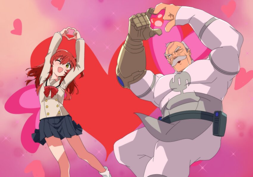 1boy 1girl four-finger_heart_hands :d ;d absurdres archives.gokulism arms_up balding balding black_skirt blind_eye bocchi_the_rock! brown_shirt commentary conquest_(invincible) cowboy_shot crossover facial_hair gradient_background green_eyes hair_over_shoulder heart heart_background heart_hands highres invincible_(series) kita_ikuyo long_hair looking_at_viewer mustache old old_man one_eye_closed one_side_up open_mouth partially_blind pink_background prosthesis prosthetic_arm red_hair scar scar_across_eye scar_on_face scar_on_head school_uniform shirt shuka_high_school_uniform skirt smile socks symbol-only_commentary thick_mustache white_bodystocking white_socks