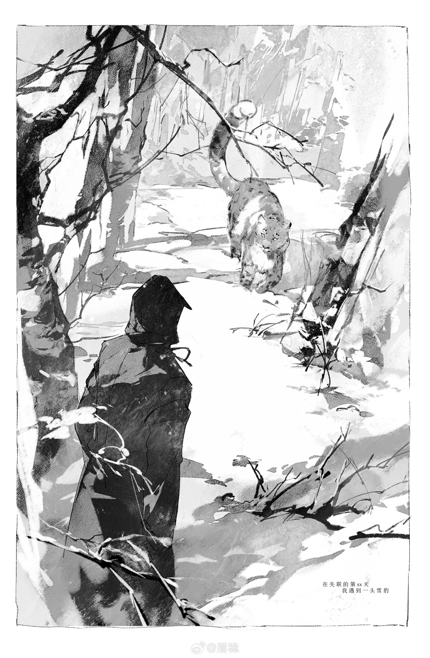 1boy absurdres animalization arknights bare_tree border chinese_commentary chinese_text commentary_request doctor_(arknights) feet_out_of_frame forest from_behind greyscale hands_in_pockets highres hood hood_up hooded_coat long_sleeves male_doctor_(arknights) male_focus mei_ren monochrome nature neck_ribbon outdoors pants ribbon shadow silverash_(arknights) snow snow_leopard translation_request tree watermark weibo_watermark white_border
