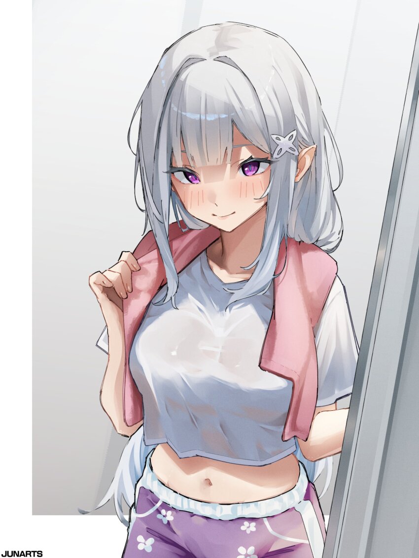 1girl alternate_costume alternate_hairstyle artist_name blush closed_mouth cropped_shirt emilia_(re:zero) hair_ornament highres junarts long_hair looking_at_viewer navel purple_eyes purple_shorts re:zero_kara_hajimeru_isekai_seikatsu shirt short_sleeves shorts solo t-shirt towel towel_around_neck upper_body wet wet_clothes wet_shirt white_hair white_shirt x_hair_ornament